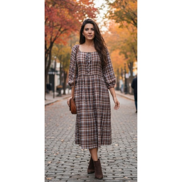 Madewell Dresses & Skirts - Madewell Brown Plaid‎ Smocked Waist Midi Dress Puff Sleeve Cotton Blend Medium